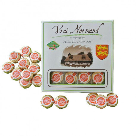 Boîte de 16 chocolats fourrés au Calvados en forme de Camembert 130g