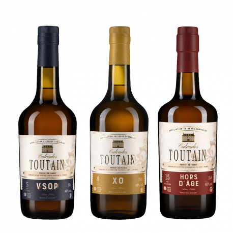 Trio de dégustation de Calvados Vieux 5, 8 et 15 ans Toutain 3x35cl