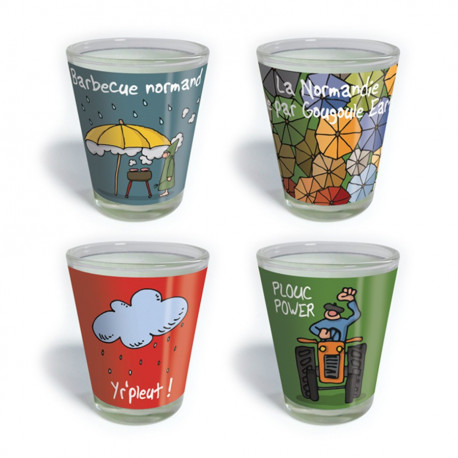 Lot de 4 verres à liqueur (dessins : yr'pleut, plouc power, gougoule earth, barbecue normand) - Shooters Heula