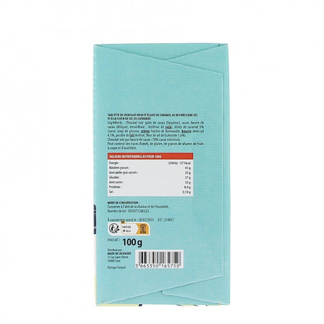 Tablette de chocolat noir aux pépites de caramel 100g
