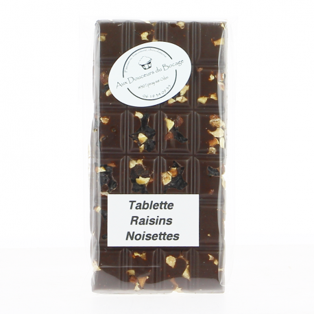 Tablette de chocolat noir, raisins et noisettes 100g Aux Douceurs du Bocage