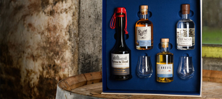 bouteilles du Coffret découverte Gin, Whisky, Calvados et Rhum de 20cl Spiriterie
